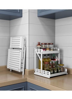 TYCOM Tycom Pull Out Spice Rack Organizer For Countertop and Cabinet, Standing Shelf Jars Storage Holder, Foldable Seasoning Shelf Organizer for Kitchen Storage,2 Layer White.  - Image 1