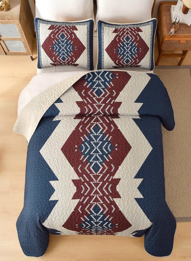 Dintszyayue Queen Quilt Set 3 Piece Boho Aztec Texture Bedspread Coverlet Set Blue and Red Quilt Reversible Lightweight Bedding Set Geometric Bohemian Bed Cover with 2 Pillowcases(Blue Red,90"x96") - Image 3