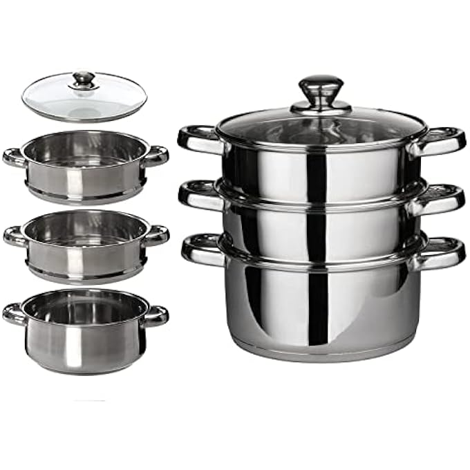 طقم أواني طهي بالبخار من الفولاذ المقاوم للصدأ مع غطاء زجاجي، طقم أواني طهي مكون من 3 طبقات، مقاس 22 سم، وعاء طهي بالبخار الأوروبي - Image 1