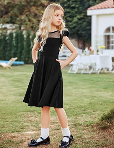 Arshiner Girls Dress Summer Ruffle Sleeve Mesh A Line Casual Party Dresses with Pockets 6-13 Years Black - Image 3