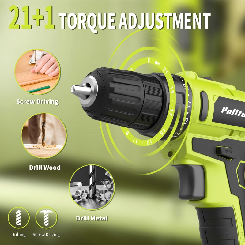 PULITUO'S 20V Cordless Drill/Driver, Electric Screwdriver - 2 Batteries, 30Nm, 21+1 Torque, 2 Speed, Keyless 3/8" Chase Drill with LED Light, Kit for Home (Green) - Image 5