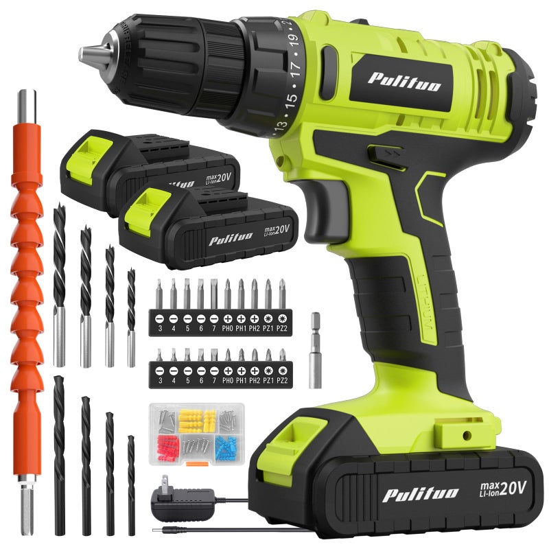 PULITUO'S 20V Cordless Drill/Driver, Electric Screwdriver - 2 Batteries, 30Nm, 21+1 Torque, 2 Speed, Keyless 3/8" Chase Drill with LED Light, Kit for Home (Green) - Image 1