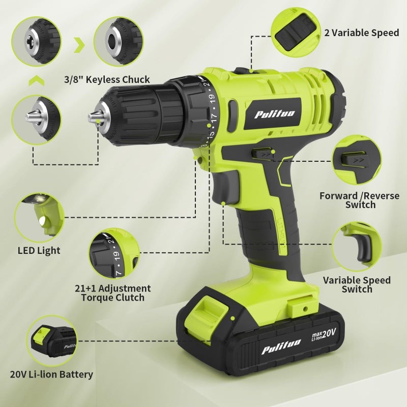 PULITUO'S 20V Cordless Drill/Driver, Electric Screwdriver - 2 Batteries, 30Nm, 21+1 Torque, 2 Speed, Keyless 3/8" Chase Drill with LED Light, Kit for Home (Green) - Image 3