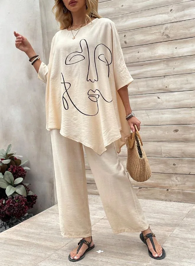 Take Two Take Two Beige Abstract Face Print Top and Pants Co-Ords