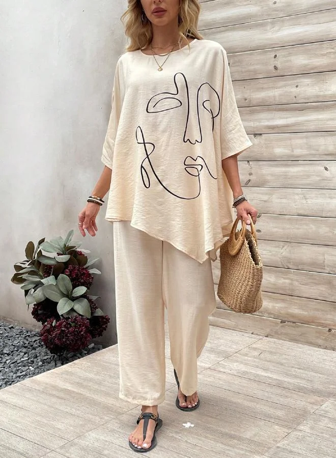 Take Two Take Two Beige Abstract Face Print Top and Pants Co-Ords