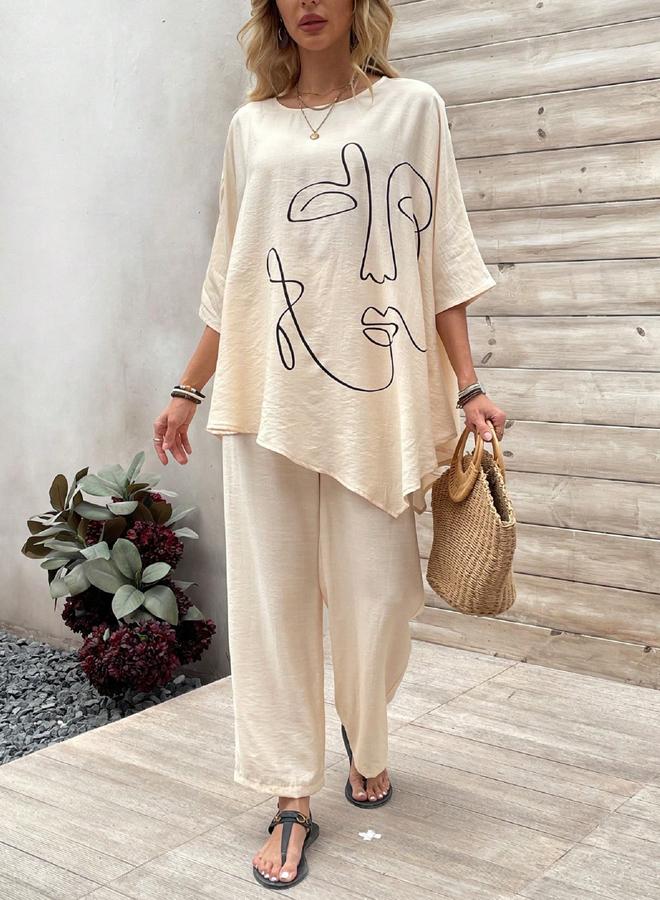 تايك تو طقم منسق من بنطال وبلوزة بطبعة وجه مجردة - Image 1