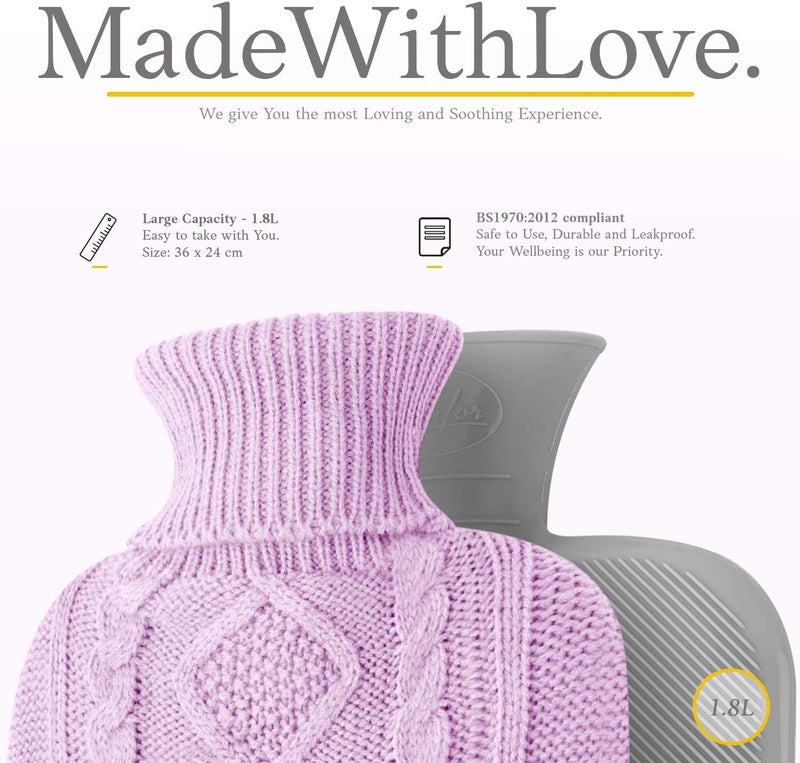 Qomfor Hot Water Bottle - Premium Soft Knit Cover - Large Capacity 1.8L - Hot Water Bottle with Knitted House for Pain Relief, Back, Neck & Shoulders & Cosy Warm Nights - Lilac - Image 3
