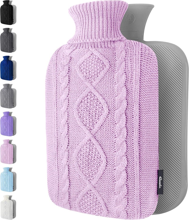 Qomfor Hot Water Bottle - Premium Soft Knit Cover - Large Capacity 1.8L - Hot Water Bottle with Knitted House for Pain Relief, Back, Neck & Shoulders & Cosy Warm Nights - Lilac - Image 1