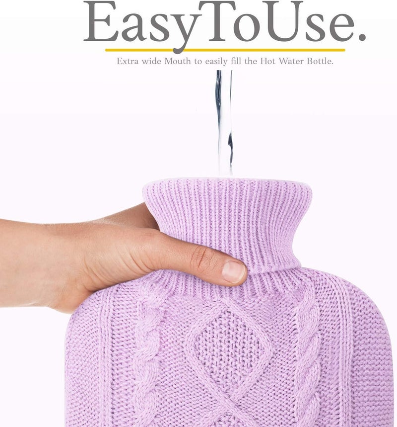 Qomfor Hot Water Bottle - Premium Soft Knit Cover - Large Capacity 1.8L - Hot Water Bottle with Knitted House for Pain Relief, Back, Neck & Shoulders & Cosy Warm Nights - Lilac - Image 4
