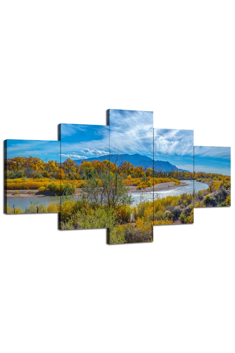 Artbrush Tower New Mexico Landscape Wall Art The Río Grande Meanders Wall Decor Picture Canvas Print US Fall Poster Painting Framed Home Living Room Bedroom Decoration 5 Piece Ready to Hang - Image 1