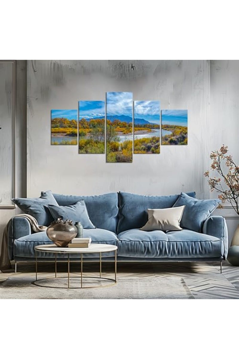 Artbrush Tower New Mexico Landscape Wall Art The Río Grande Meanders Wall Decor Picture Canvas Print US Fall Poster Painting Framed Home Living Room Bedroom Decoration 5 Piece Ready to Hang - Image 4