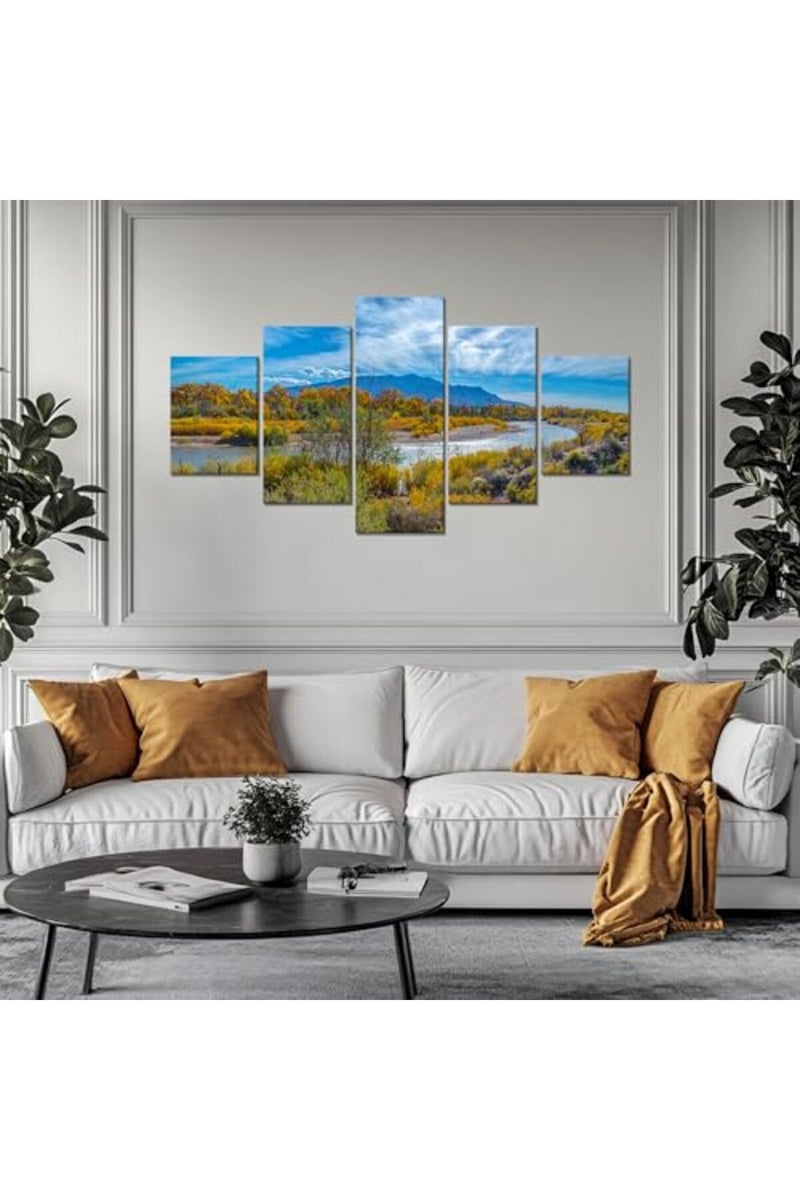 Artbrush Tower New Mexico Landscape Wall Art The Río Grande Meanders Wall Decor Picture Canvas Print US Fall Poster Painting Framed Home Living Room Bedroom Decoration 5 Piece Ready to Hang - Image 3