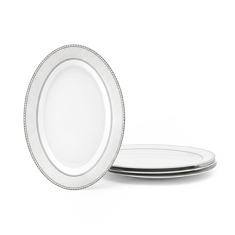 Shallow JUNA New Bone China Oval Platter 36 cm – Large White Serving Platter with Subtle Texture for Hosting & Festive Dining, Premium Tableware for Daily Use, Ramadan, Eid & Gifting (Set of 4) - Image 1