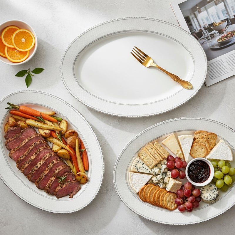 Shallow JUNA New Bone China Oval Platter 36 cm – Large White Serving Platter with Subtle Texture for Hosting & Festive Dining, Premium Tableware for Daily Use, Ramadan, Eid & Gifting (Set of 4) - Image 5