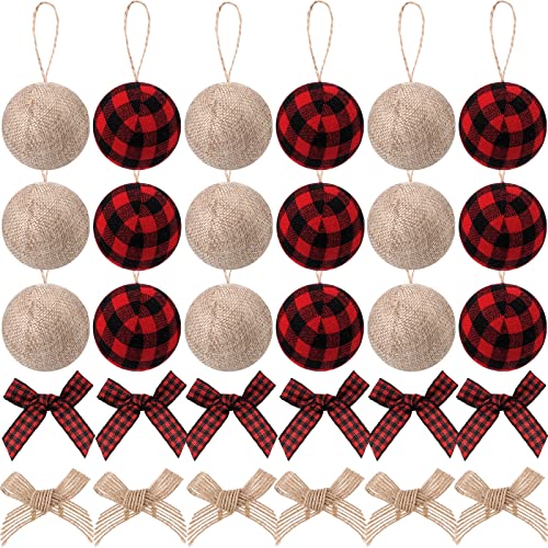 Suilung 30 Pcs Christmas Tree Ornaments Decorations18 Buffalo Plaid Burlap Farmhouse 24in Christmas Ball Ornament with 12 Mini Plaid Burlap Bows for Country Rustic Xmas Home Decor IndoorRed Black - Image 1