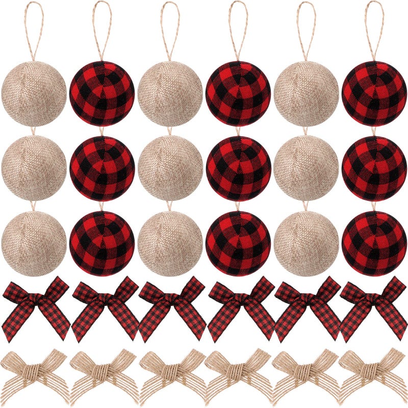Suilung 30 Pcs Christmas Tree Ornaments Decorations18 Buffalo Plaid Burlap Farmhouse 24in Christmas Ball Ornament with 12 Mini Plaid Burlap Bows for Country Rustic Xmas Home Decor IndoorRed Black - Image 2