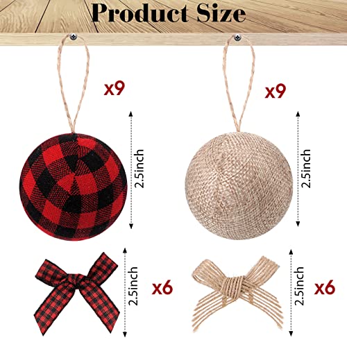 Suilung 30 Pcs Christmas Tree Ornaments Decorations18 Buffalo Plaid Burlap Farmhouse 24in Christmas Ball Ornament with 12 Mini Plaid Burlap Bows for Country Rustic Xmas Home Decor IndoorRed Black - Image 3