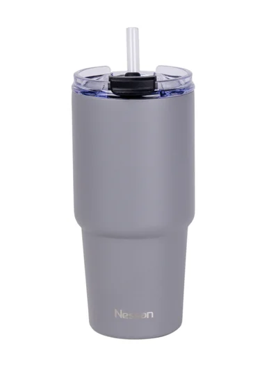Nessan Nessan Double Wall Stainless Steel Vacuum Insulated Travel Mug Tumbler with Dual Function Lid and Straw for Water, Iced Tea or Hot Coffee, Smoothie and More (Grey, 480ml)