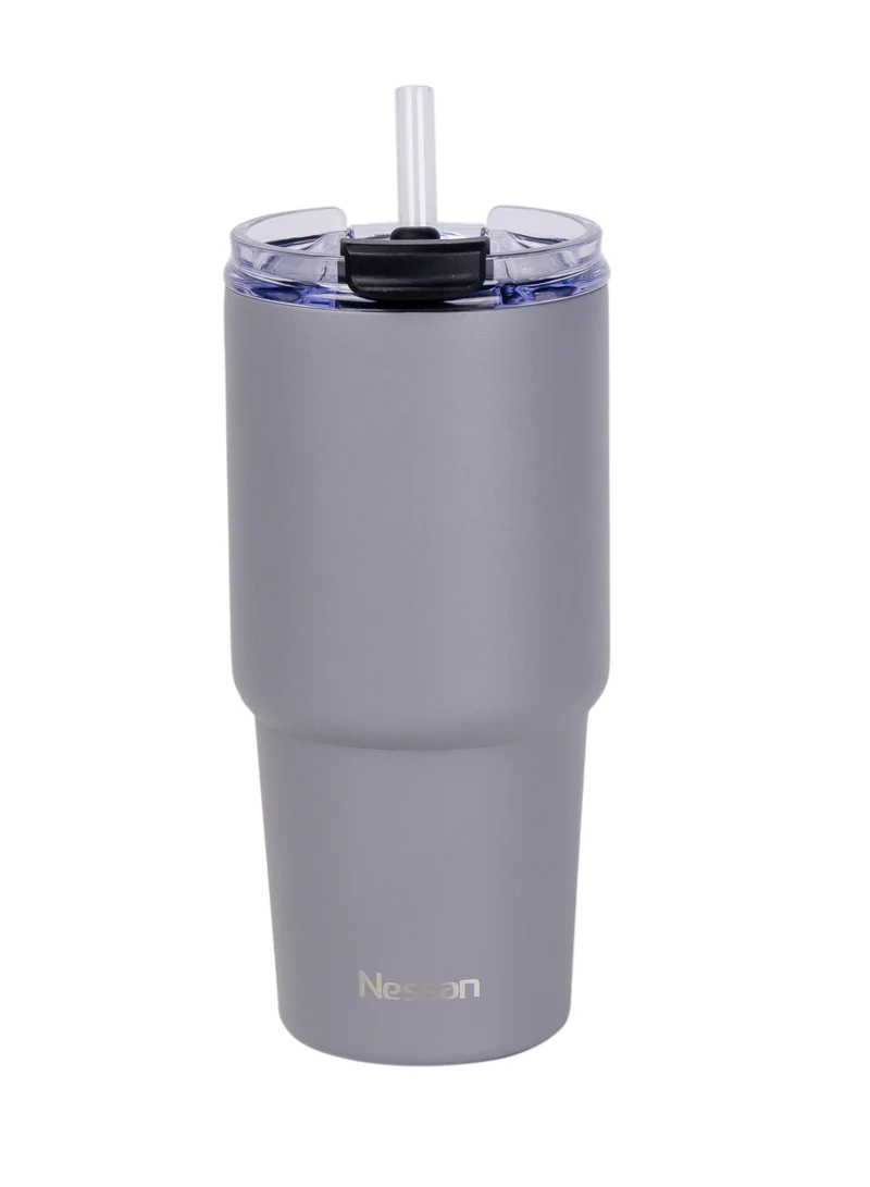 نيسان Nessan Double Wall Stainless Steel Vacuum Insulated Travel Mug Tumbler with Dual Function Lid and Straw for Water, Iced Tea or Hot Coffee, Smoothie and More (Grey, 480ml)