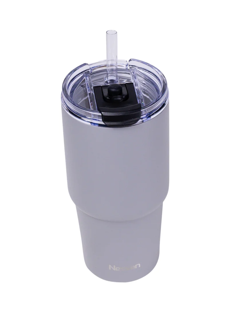 نيسان Nessan Double Wall Stainless Steel Vacuum Insulated Travel Mug Tumbler with Dual Function Lid and Straw for Water, Iced Tea or Hot Coffee, Smoothie and More (Grey, 480ml)