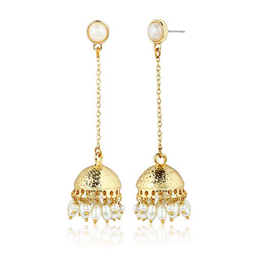 Moonstruck Traditional Indian Long Chain Jhumka Jhumki Golden Dangle Earrings With Pearl For Women (White) - Image 2