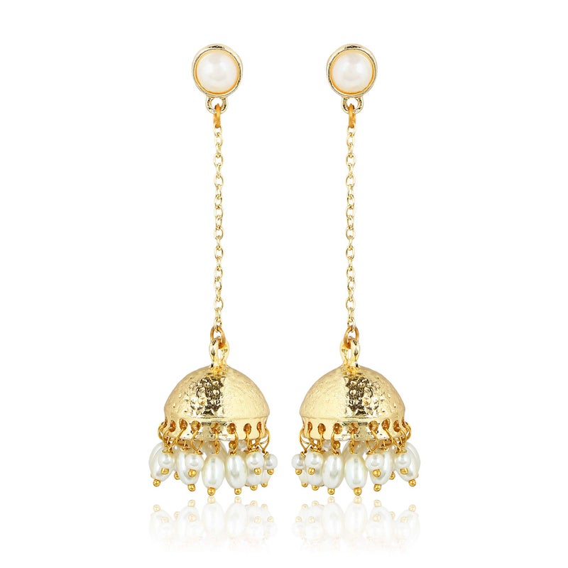 Moonstruck Traditional Indian Long Chain Jhumka Jhumki Golden Dangle Earrings With Pearl For Women (White) - Image 5