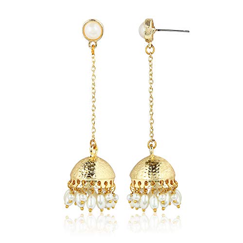 Moonstruck Traditional Indian Long Chain Jhumka Jhumki Golden Dangle Earrings With Pearl For Women (White) - Image 3