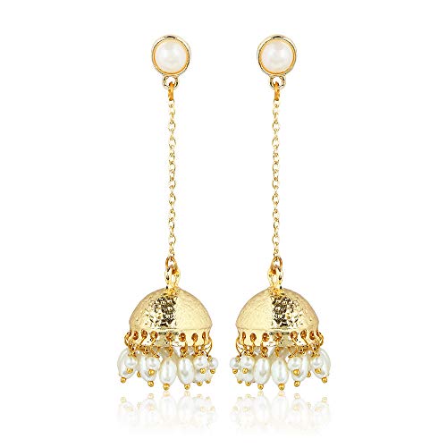 Moonstruck Traditional Indian Long Chain Jhumka Jhumki Golden Dangle Earrings With Pearl For Women (White) - Image 1