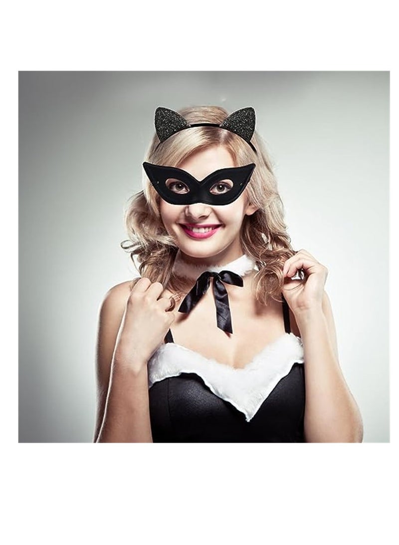 Cat Themed Party Masquerade Set with Elastic Black Cat Eye Mask and Ears Headband for Women and Girls Ideal for Cosplay and Ball Events  - Image 2