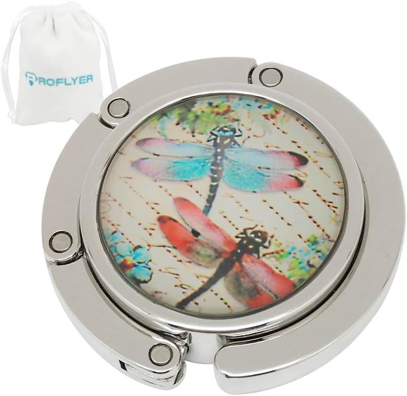 ROFLYER Cute Round Purse Hook - Foldable Handbag Hanger Safer Cleaner Bag, Fold Up Folding Table Hanger, with Velvet Pouch (Dragonfly) - Image 1