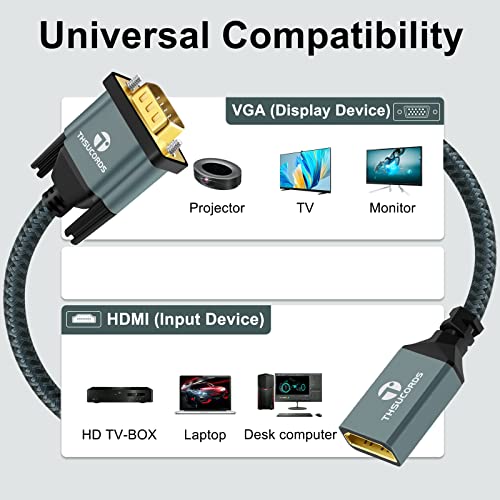 Thsucords HDMI to VGA Adapter Cable 1FT, Nylon Braided HDMI Female to VGA Male Extension Extender Support 720P/1080P PC Computer Desktop Laptop Monitor HDTV Projector - Image 2