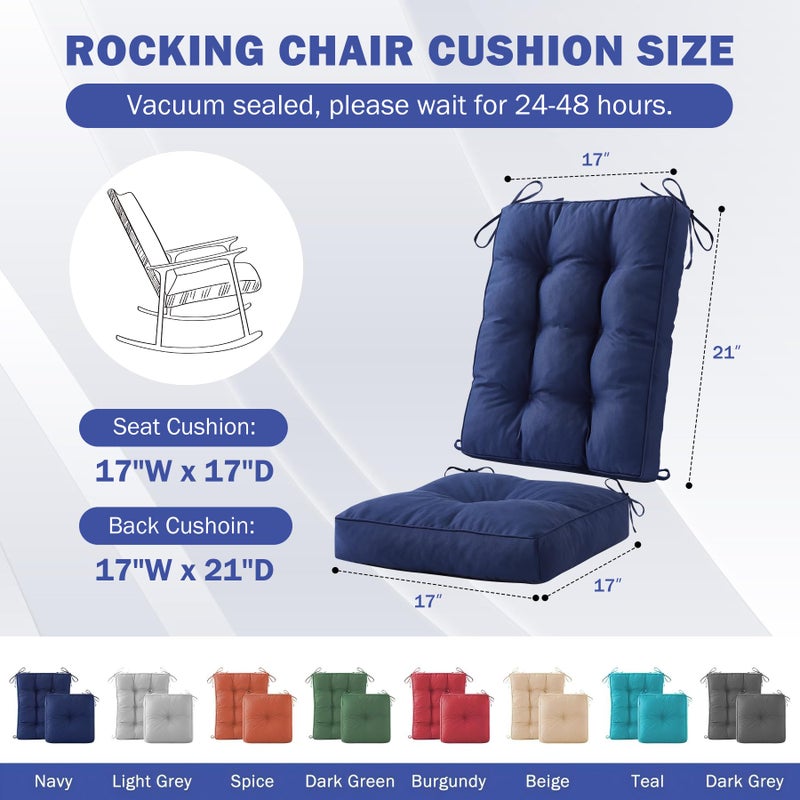 IPYNBAP Rocking Chair Cushion, Waterproof and Fade-Resistant Patio Chair Cushions, Tufted Chair Pads for Rocker Furniture, 17x17 Inch, Indoor/Outdoor Seat Cushions with Ties, Navy Blue - Image 2