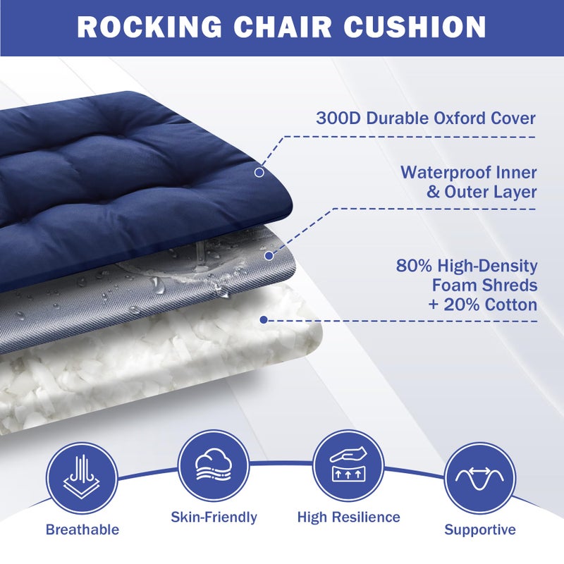 IPYNBAP Rocking Chair Cushion, Waterproof and Fade-Resistant Patio Chair Cushions, Tufted Chair Pads for Rocker Furniture, 17x17 Inch, Indoor/Outdoor Seat Cushions with Ties, Navy Blue - Image 3