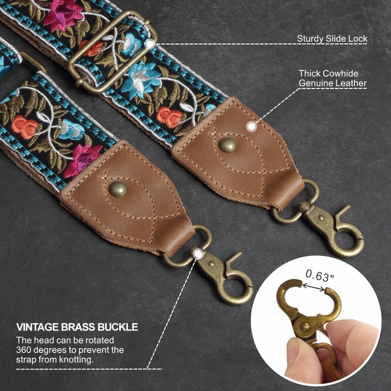 Nefelibata Purse Strap-2"Crazy Horse Leather Wide Shoulder Strap Adjustable Replacement,Retro Jacquard Embroidery Multi-pattern Crossbody Bag Straps for Handbag,Crossbody Bags,Shoulder Bags(Retro Floral) - Image 3