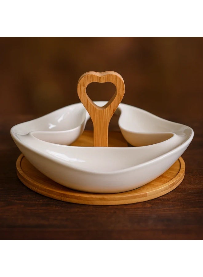 White Porcelain Snack Plate with Wooden Base – Elegant Serving Dish - Image 3