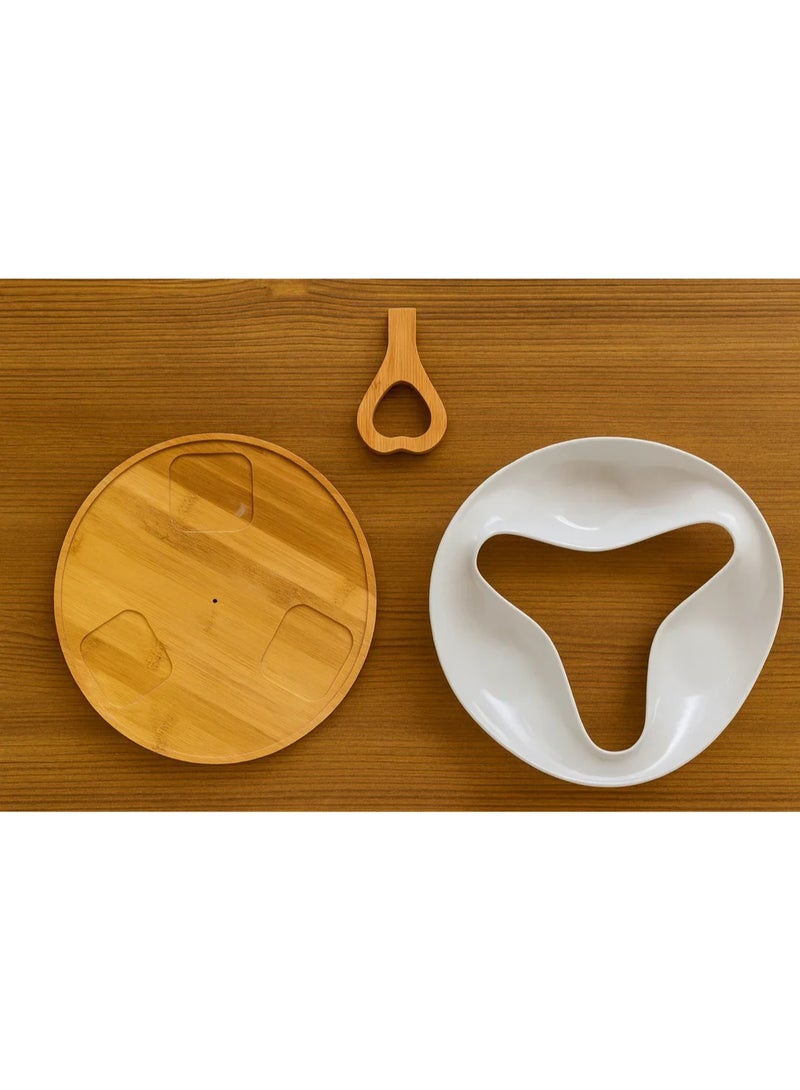 White Porcelain Snack Plate with Wooden Base – Elegant Serving Dish - Image 2