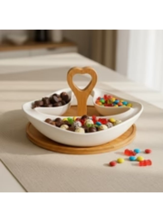 White Porcelain Snack Plate with Wooden Base – Elegant Serving Dish - Image 4