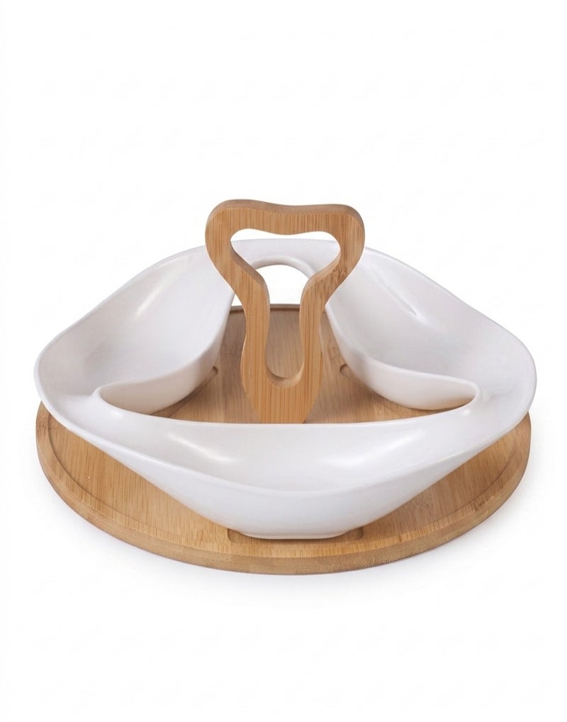 White Porcelain Snack Plate with Wooden Base – Elegant Serving Dish - Image 1
