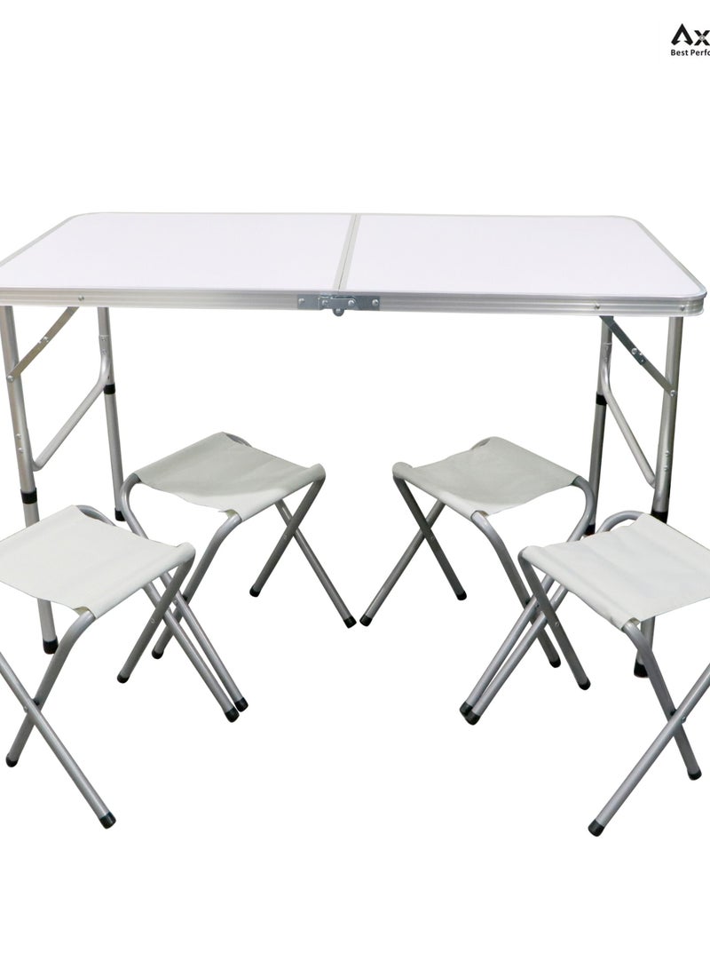 أكسنتشر طاولة تخييم قابلة للطي ، ارتفاع قابل للتعديل مع 4 مقاعد ، طاولة نزهة قابلة للطي للداخل والخارج ، طاولة تخييم محمولة بيضاء قطعة واحدة (120 × 60 سم ارتفاع 70 سم) - Image 1