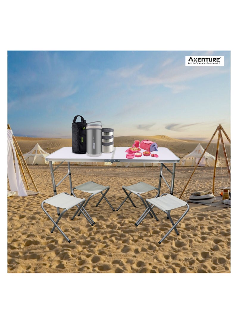 أكسنتشر طاولة تخييم قابلة للطي ، ارتفاع قابل للتعديل مع 4 مقاعد ، طاولة نزهة قابلة للطي للداخل والخارج ، طاولة تخييم محمولة بيضاء قطعة واحدة (120 × 60 سم ارتفاع 70 سم) - Image 5