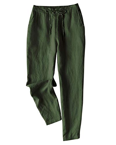 IXIMO Women's Tapered Pants 100% Linen Drawstring Back Elastic Waist Pants Trousers with Pockets (Army Green, M) - Image 5