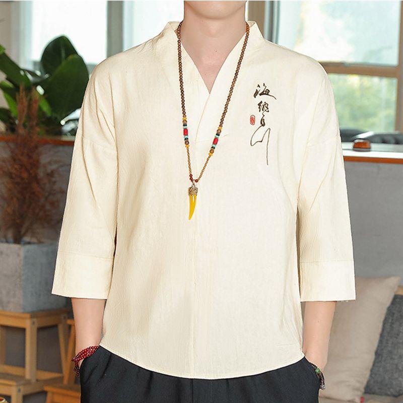 Cotton Linen T-shirt Men's Chinese Style Seven-point Sleeve Men's Buckle Five-point Sleeve Top plus size V-Neck Thin Summer Loose - Image 3