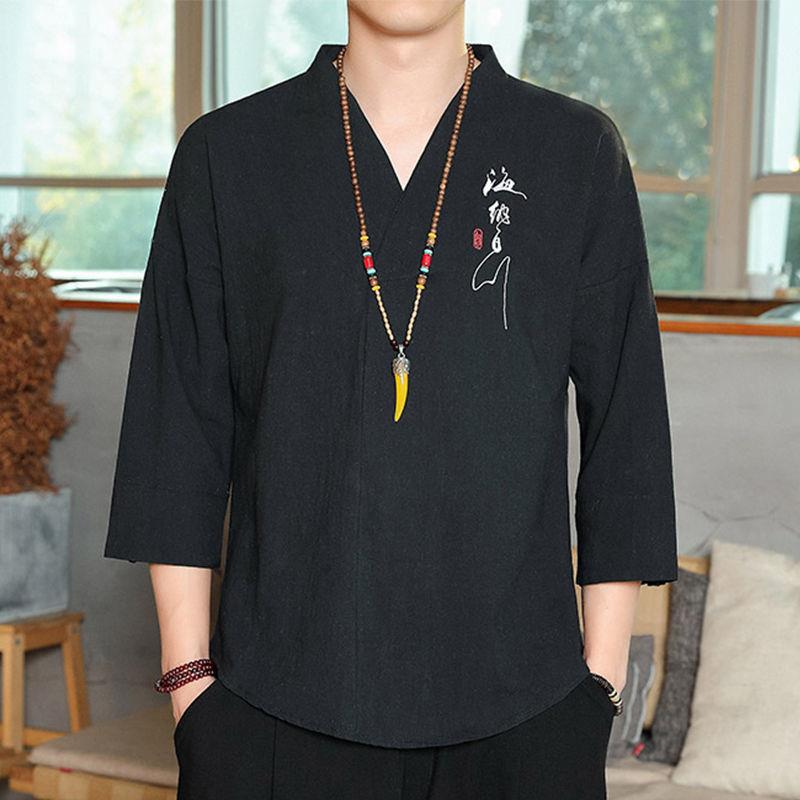 Cotton Linen T-shirt Men's Chinese Style Seven-point Sleeve Men's Buckle Five-point Sleeve Top plus size V-Neck Thin Summer Loose - Image 4