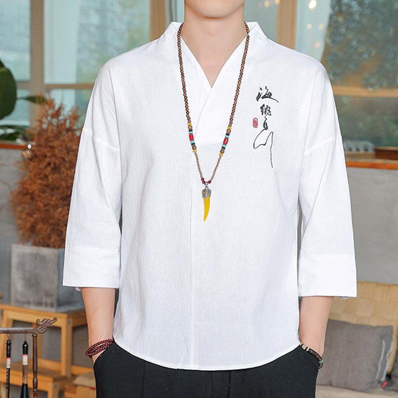 Cotton Linen T-shirt Men's Chinese Style Seven-point Sleeve Men's Buckle Five-point Sleeve Top plus size V-Neck Thin Summer Loose - Image 2