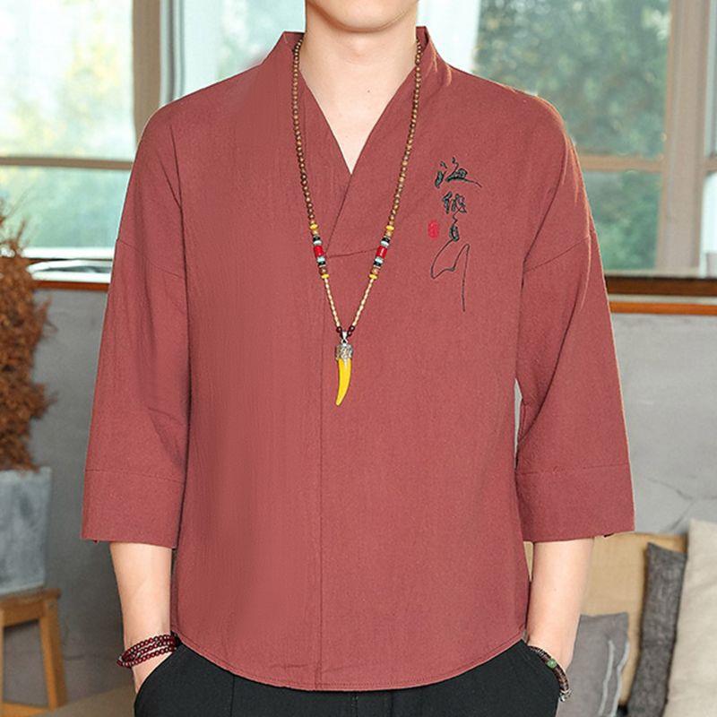 Cotton Linen T-shirt Men's Chinese Style Seven-point Sleeve Men's Buckle Five-point Sleeve Top plus size V-Neck Thin Summer Loose - Image 5
