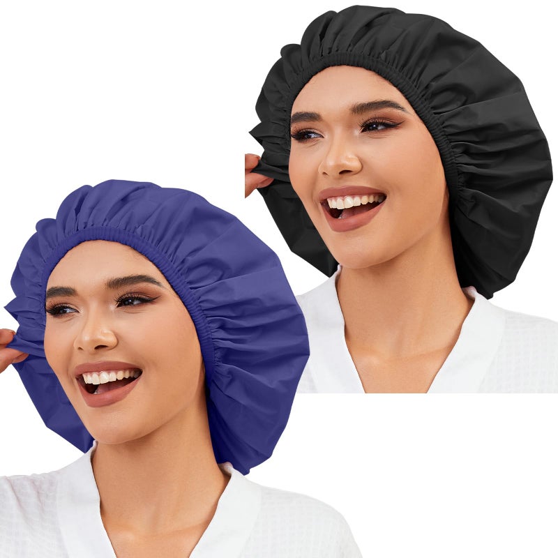 Selalu 2 Pack Shower Caps for Women, Reusable Waterproof Shower Cap with Elastic Band, Thickened Waterproof Fabric Shower Bonnet for Braids, Long Hair (Black and Blue) - Image 1