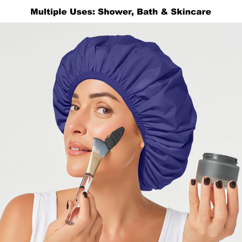 Selalu 2 Pack Shower Caps for Women, Reusable Waterproof Shower Cap with Elastic Band, Thickened Waterproof Fabric Shower Bonnet for Braids, Long Hair (Black and Blue) - Image 5
