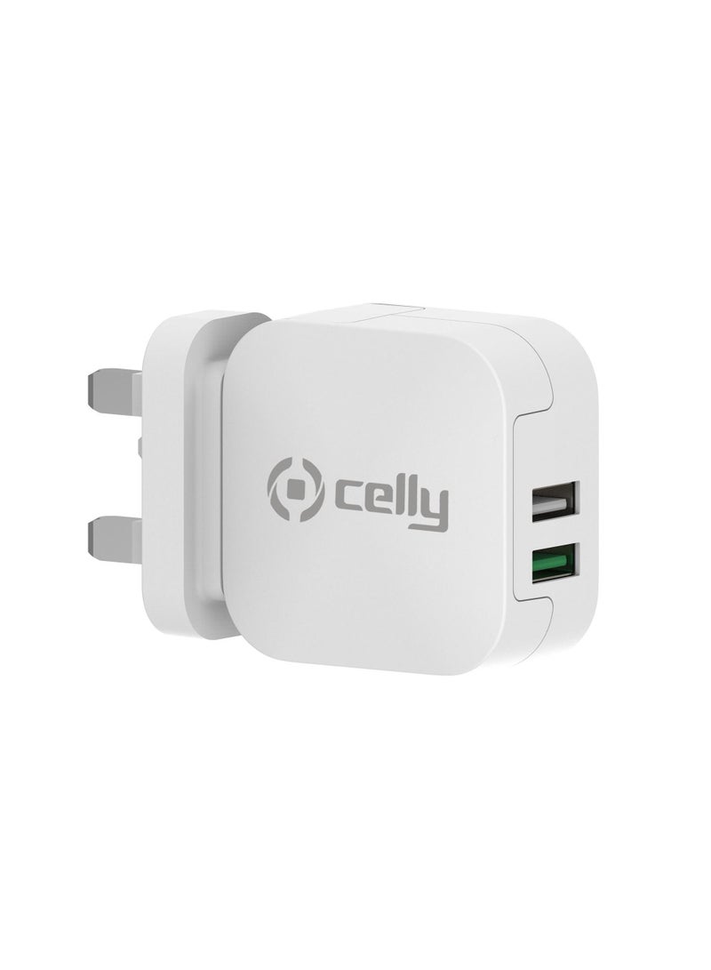 Celly Dual Port USB-A Charger, Super Compact Wall Charger, Turbo Charge 2.4A Output UK & US PIN for iPhone 14/13 Ipad Ipod Samsung Oneplus Xiaomi Huawei and More - Image 1