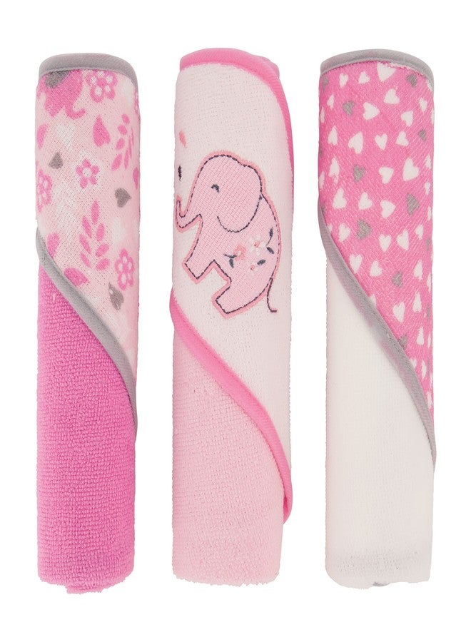 Cudlie Buttons & Stitches Baby Girl 3 Pack Rolled/Carded Hooded Towels in Blooming Elephant Print - Image 1