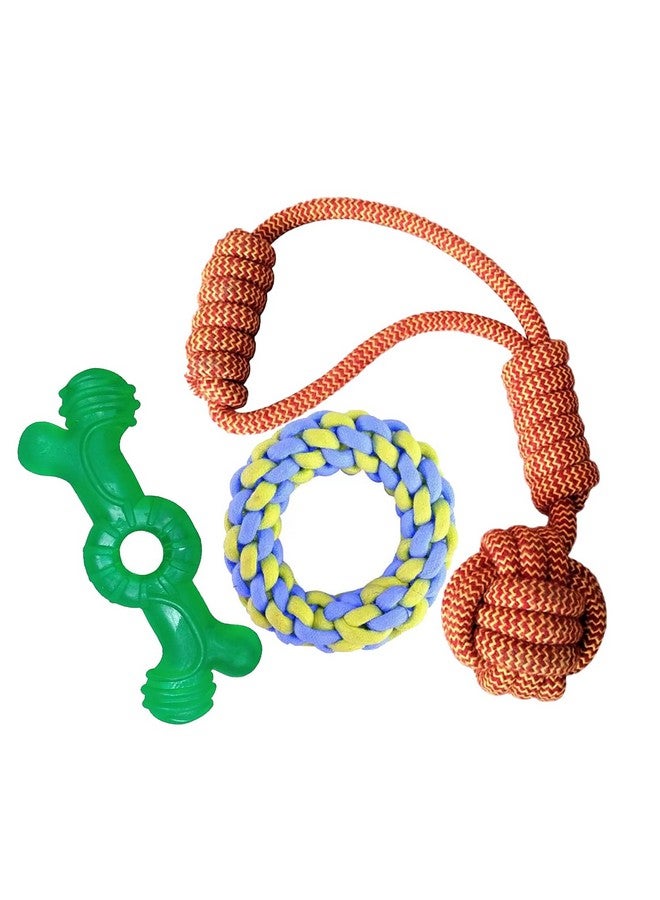بت مجموعة من 3 ألعاب مضغ من القطن للكلاب الصغيرة والجراء، كرة قطنية معقودة وحلقة وعصا لعبة مضغ للكلاب للعب وتنظيف الأسنان والتدريب (اللون حسب التنوع، العبوة 3 قطع) - Image 1